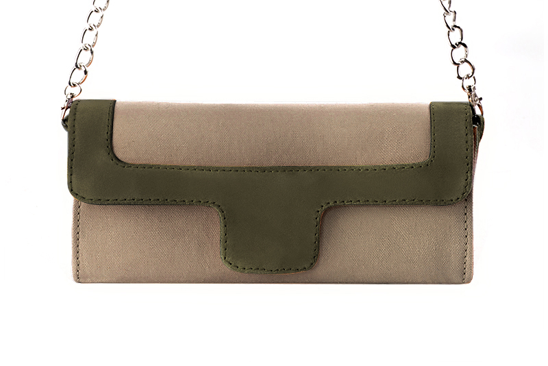 Women's tan beige and khaki green luxurious elegant clutch for ceremonies, weddings and evenings out. - Profile view